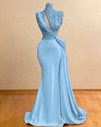 Cocoslly High Neck Sleeveless High Waist Long Mermaid Prom Dress With Sequins | Green Satin ZC0388