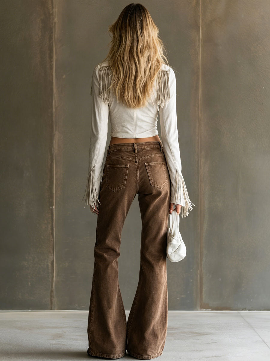Western Retro Off-White Faux Suede Tassel Long-Sleeved Shirt