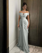 Chiffon Off-The-Shoulder Strapless Sleeveless Long Mermaid Prom Dress With Ruffles And Pleated YK0784