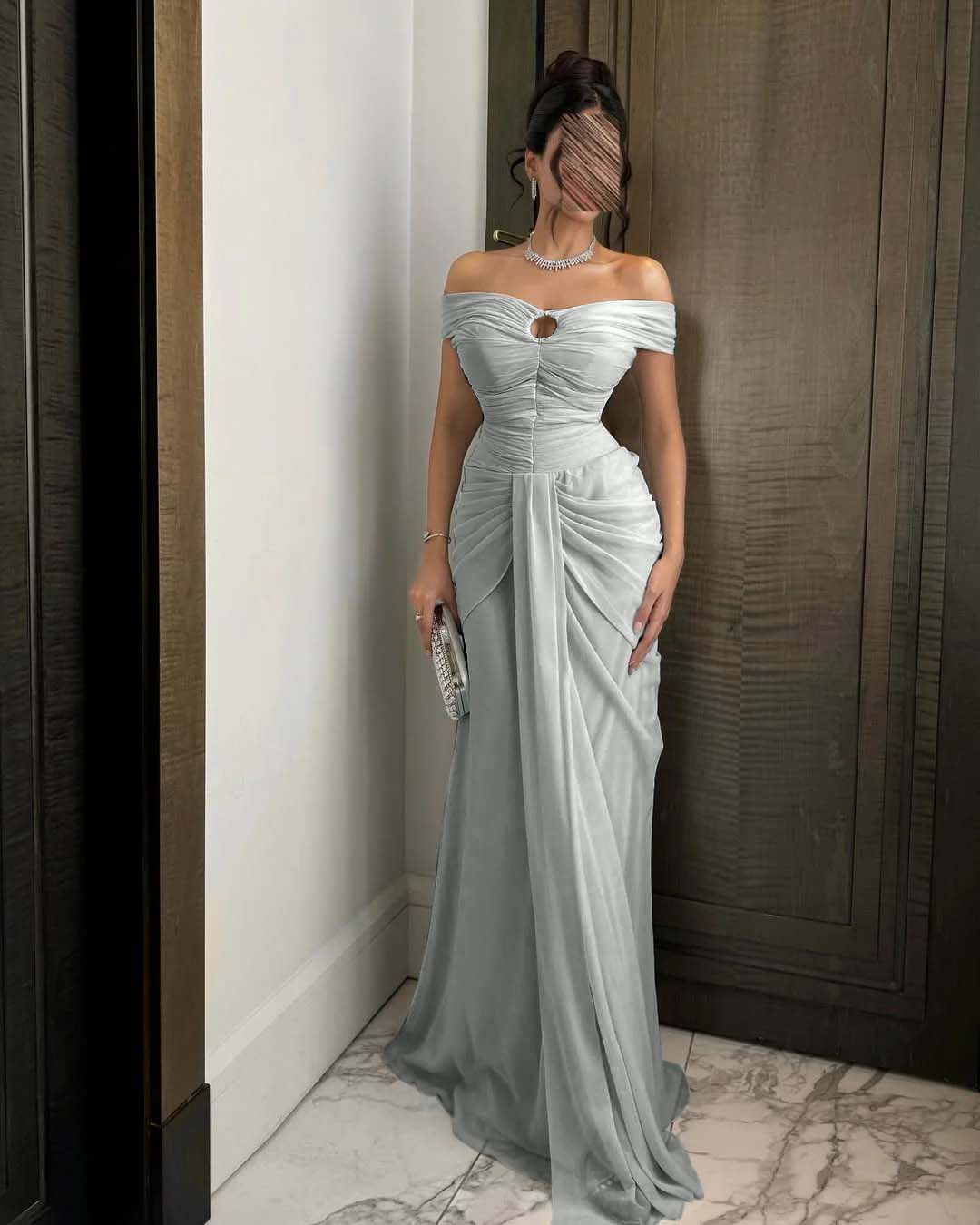 Chiffon Off-The-Shoulder Strapless Sleeveless Long Mermaid Prom Dress With Ruffles And Pleated YK0784