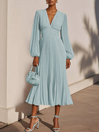Light Blue Pleated Ruched Balloon Sleeve A-Line Midi Chiffon Dress