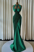 Cocoslly Halter Sleeveless High Waist Long Mermaid Prom Dress With Beading Pearls | Blush Champagne Satin JZ0163