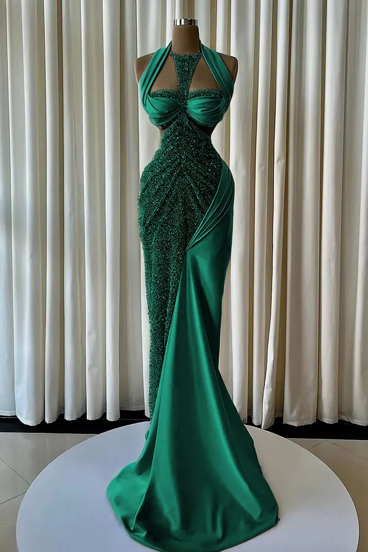 Cocoslly Halter Sleeveless High Waist Long Mermaid Prom Dress With Beading Pearls | Blush Champagne Satin JZ0163