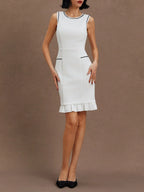 White Lace Cotton Classic Crew Neck Sleeveless Balloon Sleeve Sheath Midi Dress