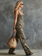 Western Retro Military Green Camouflage Denim Sleeveless Jumpsuit
