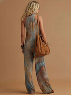 Vacation Retro Bohemian Print Chiffon Sleeveless Wide-Leg Jumpsuit
