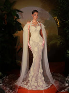 Tulle Halter V-Neck Off-The-Shoulder Sleeveless Long Mermaid Prom Dress With Flowers And Beadings YK0774