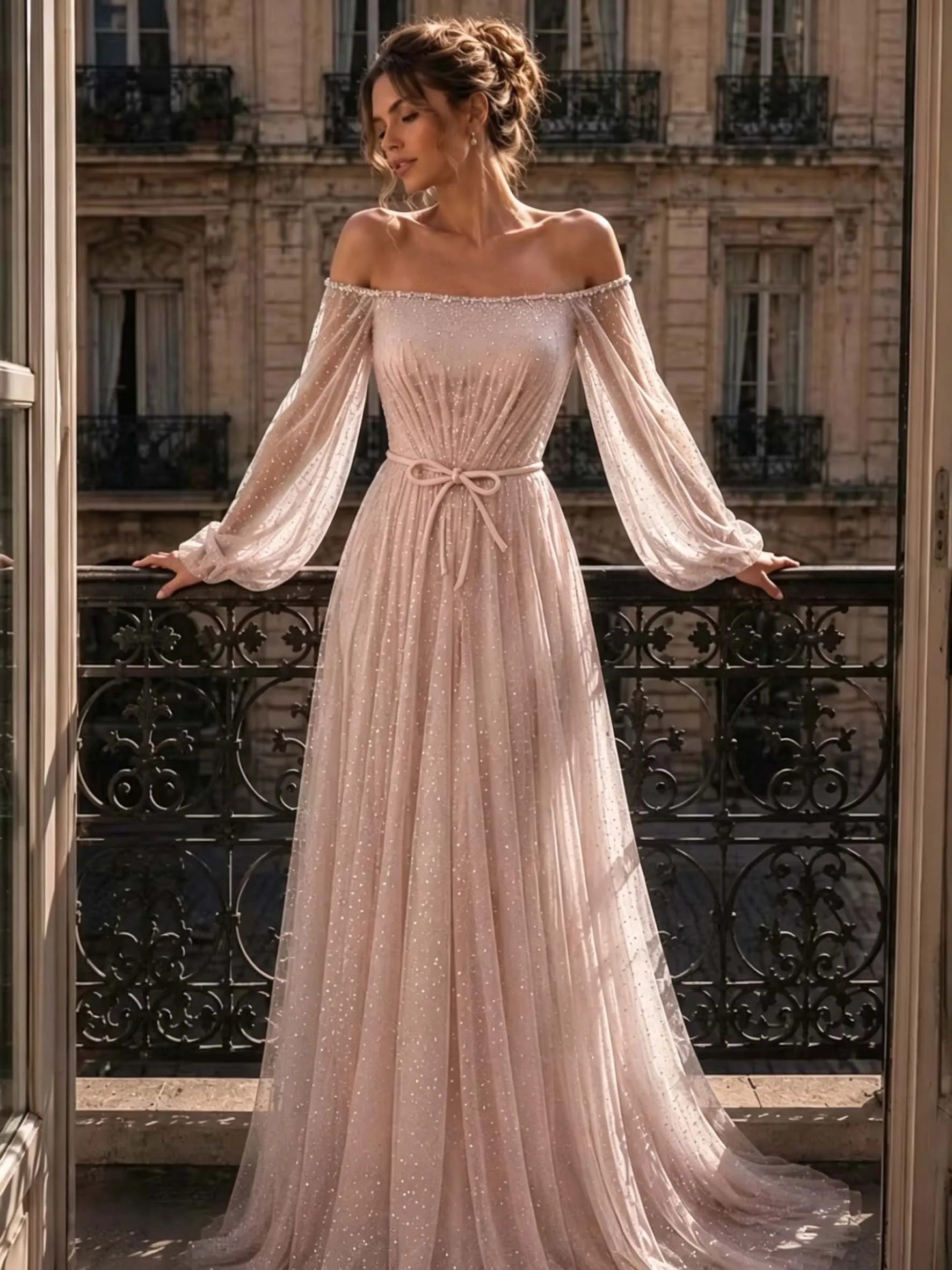 Cocoslly Off-The-Shoulder Long Sleeves High Waist Long Prom Dress With Sequins | Mist Mint Green Tulle LX0086