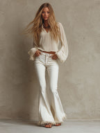 White Frayed-hem Flared Jeans