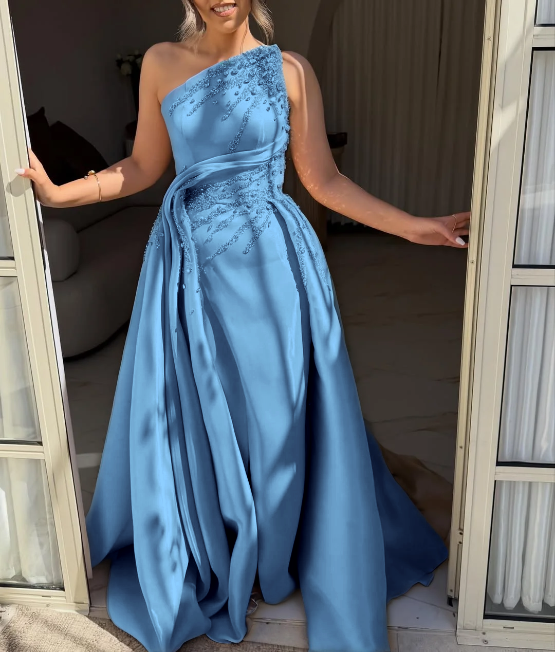 Asymmetric Strapless Sleeveless Long A-Line Prom Dress With Pleated And Beadings YK0692