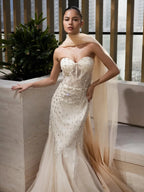 Cocoslly Strapless Sleeveless Long Mermaid Prom Dress With Rhinstone And Scarf | Champage Tulle CO0020