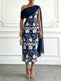 Navy Blue Embroidery Classic Strapless Sleeveless Sheath Midi Dress