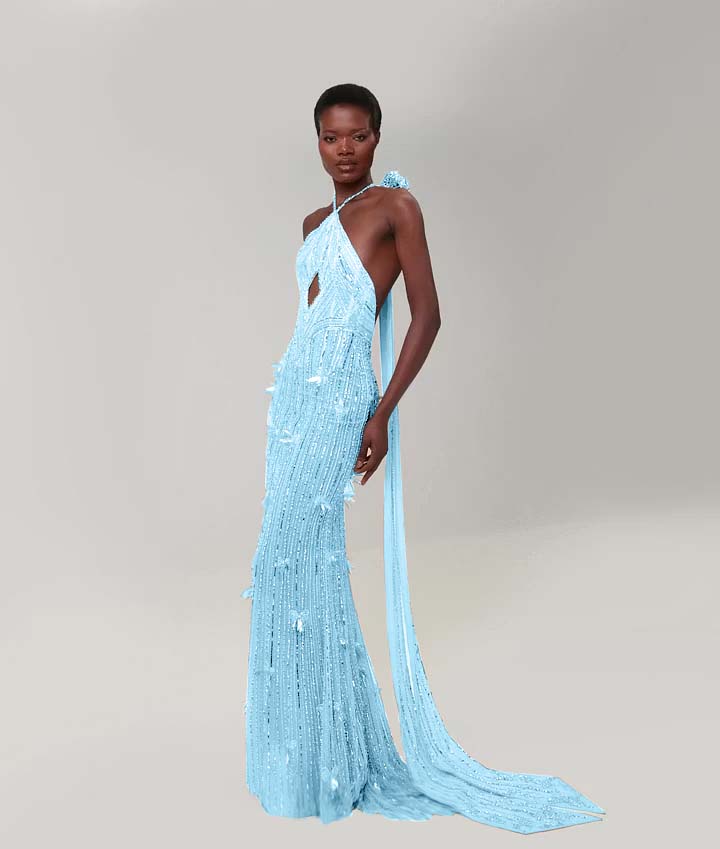 Cocoslly Halter Sleeveless High Waist Long Mermaid Prom Dress With Sequins | Nude Champage Chiffon YK1282