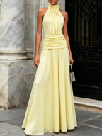 Yellow Ruched Chiffon Halter Neck Sleeveless A-Line  Gown Dress