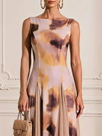 Light Khaki Floral 3D Floral Classic Boat Neck Sleeveless A-Line Maxi Dress