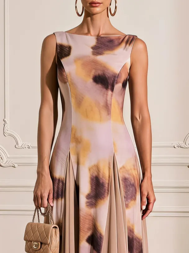 Light Khaki Floral 3D Floral Classic Boat Neck Sleeveless A-Line Maxi Dress