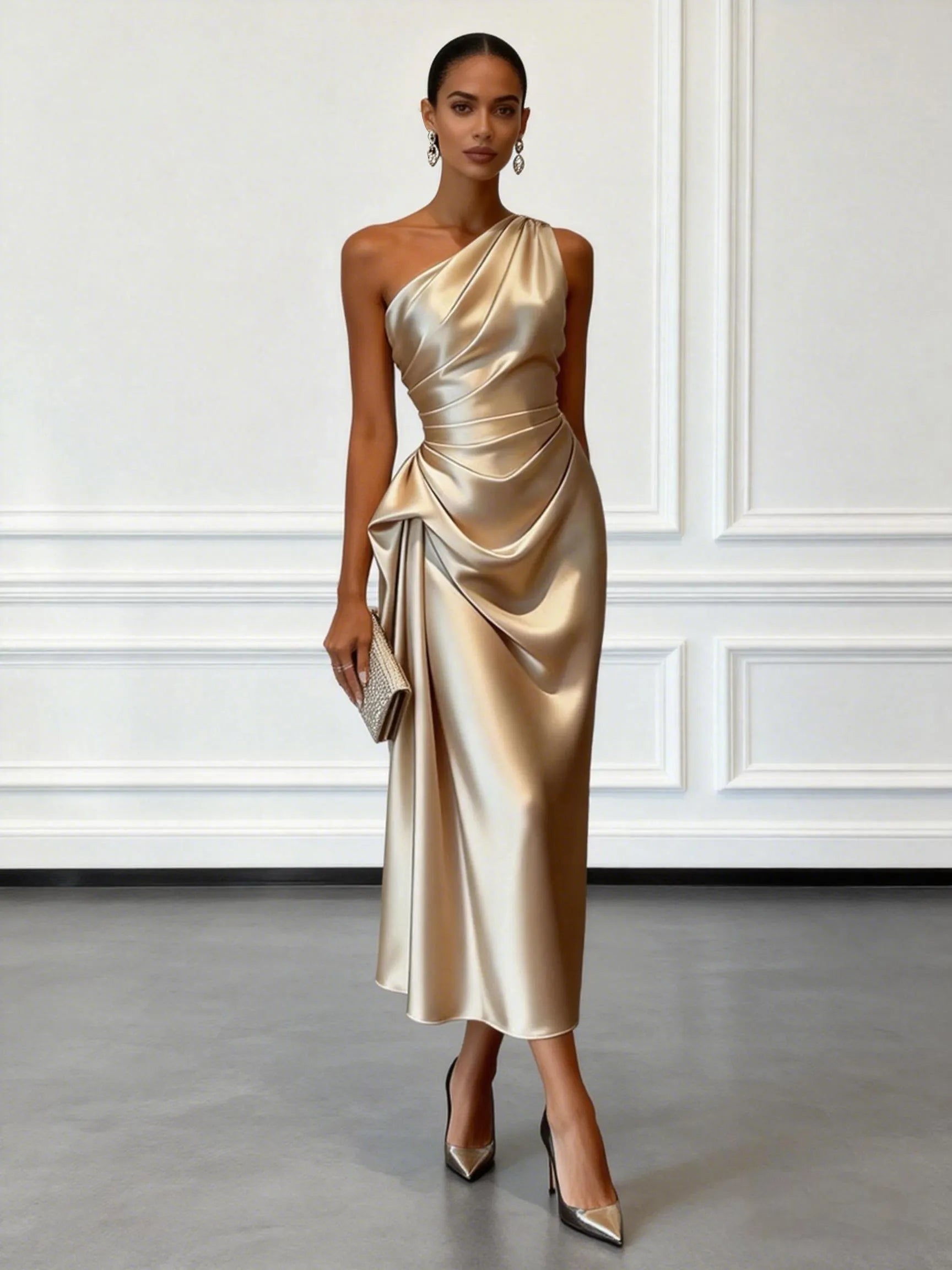 Champagne Ruched Satin One Shoulder Sleeveless Sheath Midi Dress