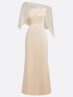 Champagne 3D Floral Satin Boat Neck Short Sleeve Sheath Gown Dress with Capelet