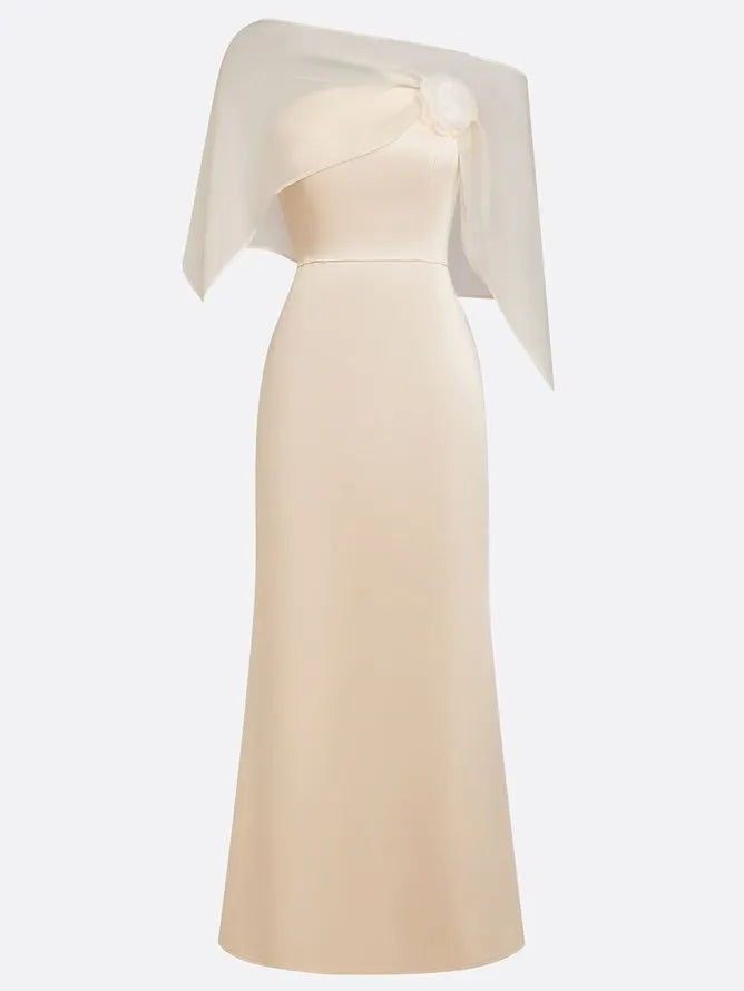 Champagne 3D Floral Satin Boat Neck Short Sleeve Sheath Gown Dress with Capelet