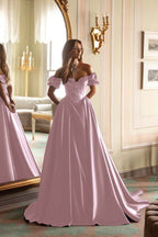 Satin V-Neck Off-The-Shoulder Short Sleeves Long A-Line Prom Dress With Embroidered And Pleated WQ0422