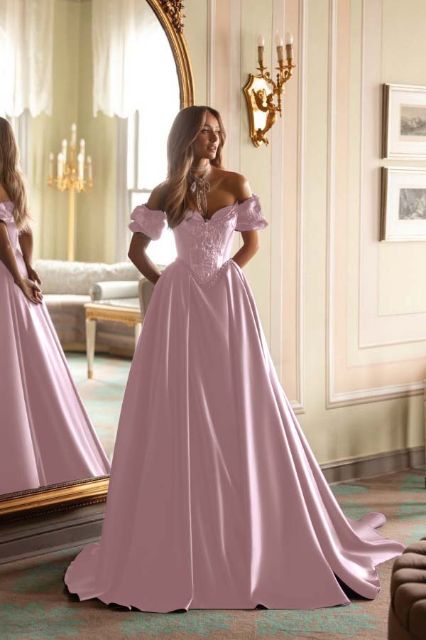 Satin V-Neck Off-The-Shoulder Short Sleeves Long A-Line Prom Dress With Embroidered And Pleated WQ0422