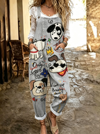 Women's Cute Dog Art Print Flowy Linen Blend Casual Jumpsuit