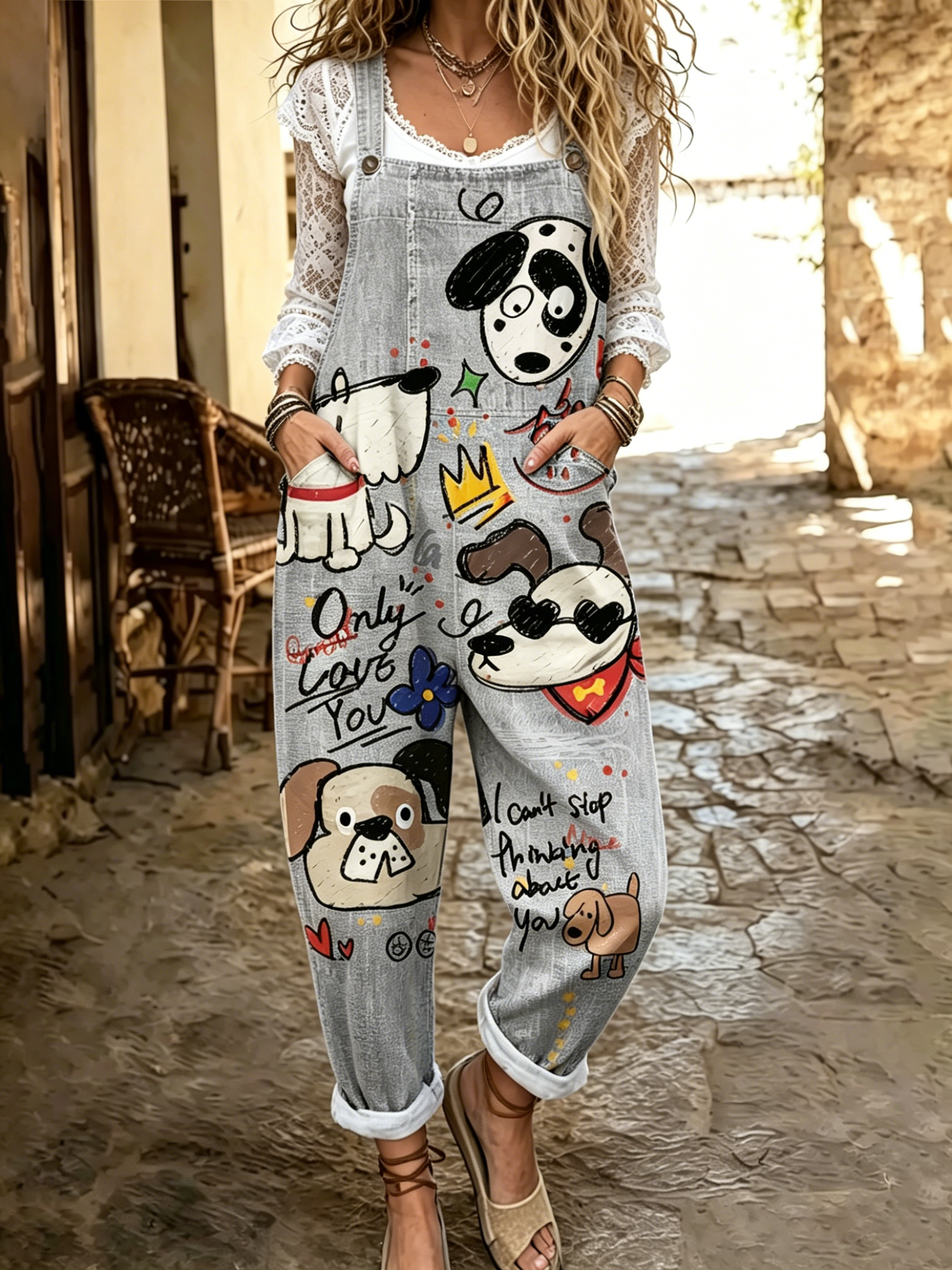 Women's Cute Dog Art Print Flowy Linen Blend Casual Jumpsuit