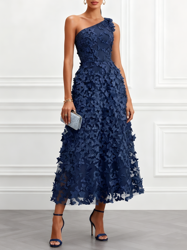 Light Blue 3D Floral Classic One Shoulder Sleeveless A-Line Midi Dress