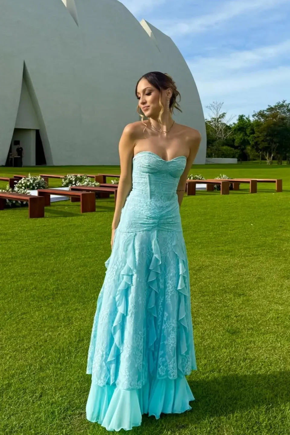 Cocoslly Strapless Sweetheart Sleeveless High Waist Long Prom Dress With Ruffles | Mint Green Chiffon YC0477