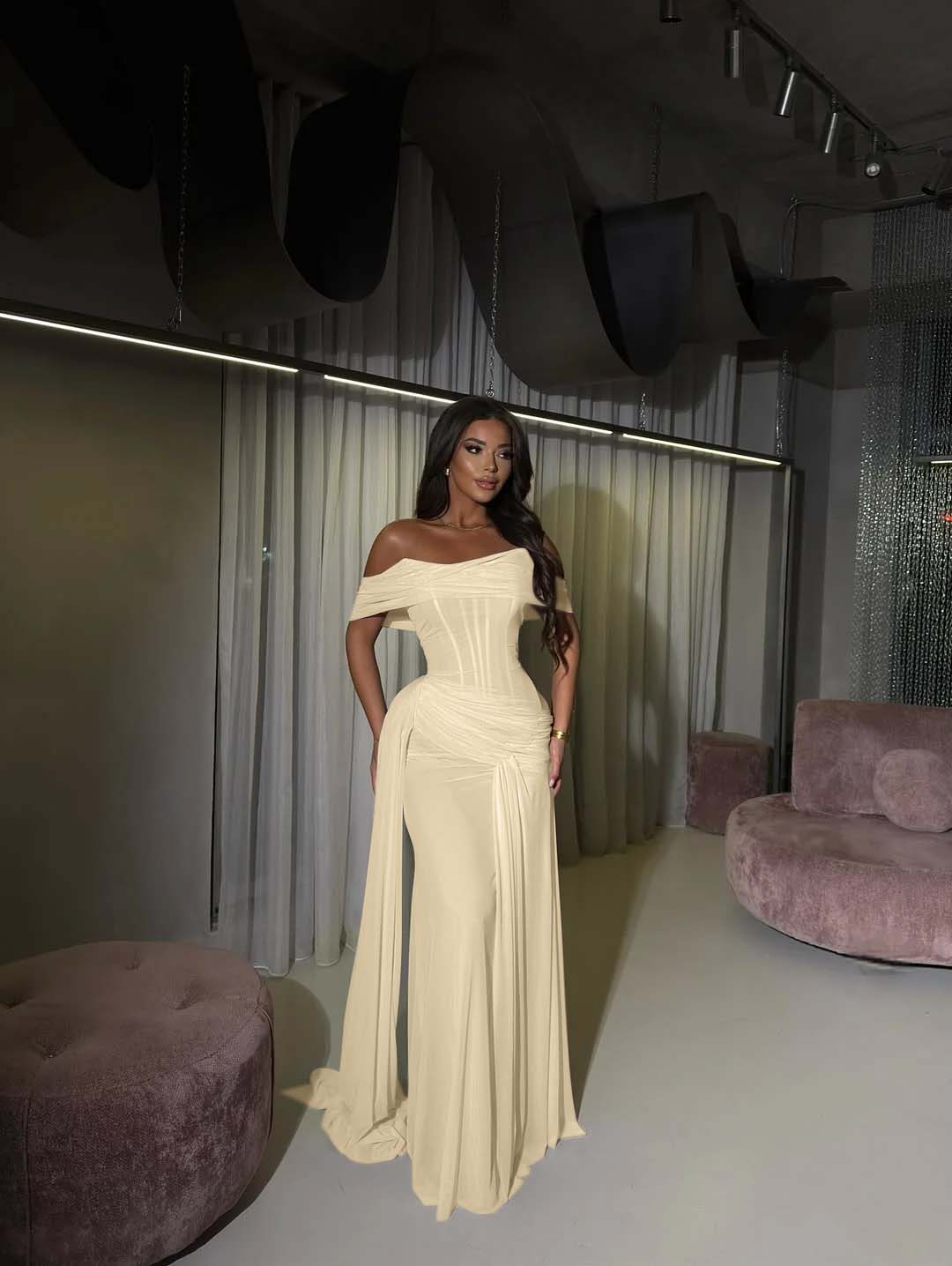 Tulle Off-The-Shoulder Strapless Sleeveless Long Mermaid Prom Dress With Pleated And Train YK0619