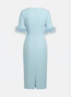 Light Blue Faux Feather Classic Crew Neck Half Sleeve Sheath Midi Dress