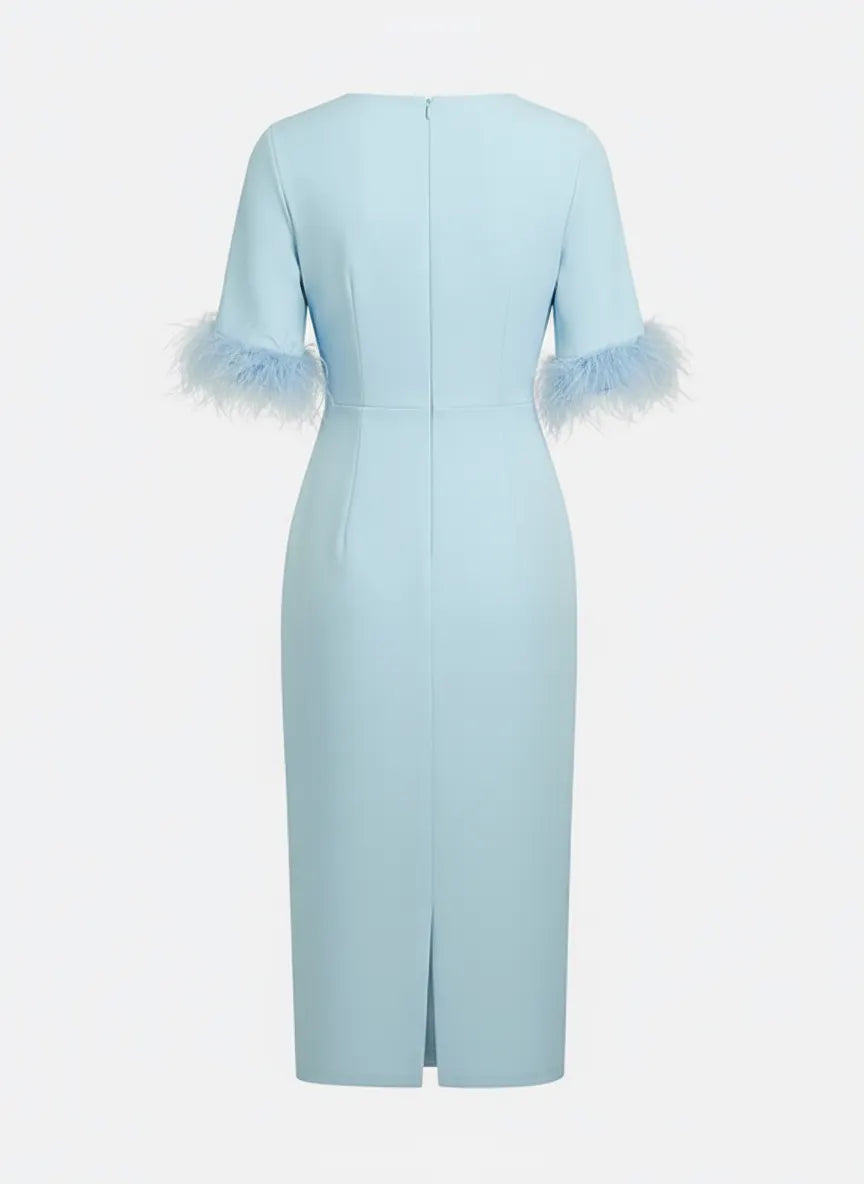 Light Blue Faux Feather Classic Crew Neck Half Sleeve Sheath Midi Dress