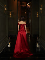 Cocoslly Off-The-Shoulder Sleeveless High Waist Long Prom Dress With Pleated | Burgundy Satin CO0165