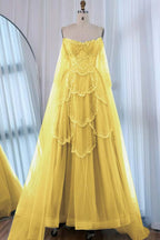 Tulle Strapless Sleeveless High Waist Long A-Line Prom Dress With Beadings And Ruffles WQ0557