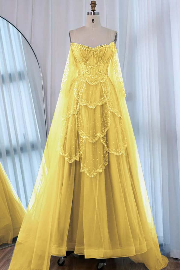 Tulle Strapless Sleeveless High Waist Long A-Line Prom Dress With Beadings And Ruffles WQ0557