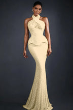 Cocoslly Halter Sleeveless High Waist Long Mermaid Prom Dress | Glod Champage Beading Pearls LR0565