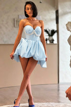 Cocoslly Strapless Sweetheart Sleeveless High Waist Short Prom Dress With Pearls | Ivory Satin ZT0683