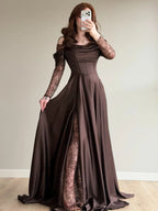 Cocoslly Off-The-Shoulder Long Sleeves High Waist Long Prom Dress With Split |  Brown Satin CO0110