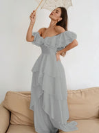 Cocoslly Off-The-Shoulder Sleeveless High Waist Long Prom Dress With Ruffles | White Chiffon LX0115