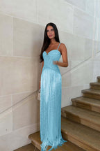 Cocoslly Spaghetti Straps Sleeveless Long Prom Dress With Beadings Tassel | Gold Beaded-Embroidered ZA0298