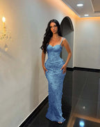 Sweetheart Spaghetti Straps Sleeveless Long Mermaid Prom Dress With Flower Appliqués And Embroidered YK0333