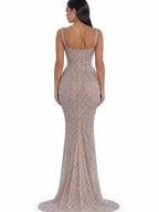 Cocoslly Spaghetti Straps Sleeveless High Waist Long Mermaid Prom Dress With Beading Pearls | Nude Champage Sequins JZ0120