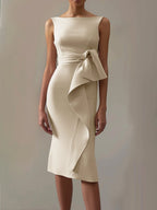 Pink Ruched Boat Neck Sleeveless Sheath Midi Dress