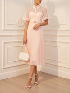 Pink Pleated Classic Shirt Collar Short Sleeve A-Line Midi Dress