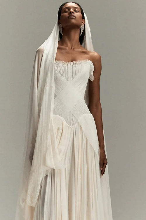 Chic Strapless Sleeveless Long Prom Dress With Pleated Ruffles WQ0086
