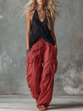 Retro Casual Workwear Style Black V-Neck Mesh Top And Red Cotton Pants Set