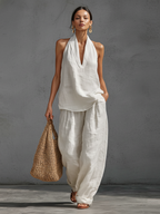 Casual Urban Style White Linen V-neck Sleeveless Top And Wide Leg Pants Set