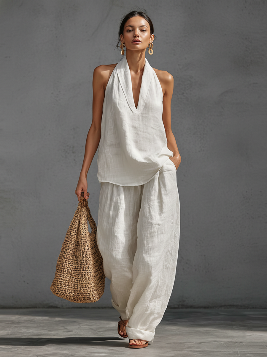 Casual Urban Style White Linen V-neck Sleeveless Top And Wide Leg Pants Set