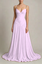 Cocoslly Spaghetti Straps Sleeveless High Waist Long Prom Dress With Pleated | Dusty Blue Chiffon LR0340