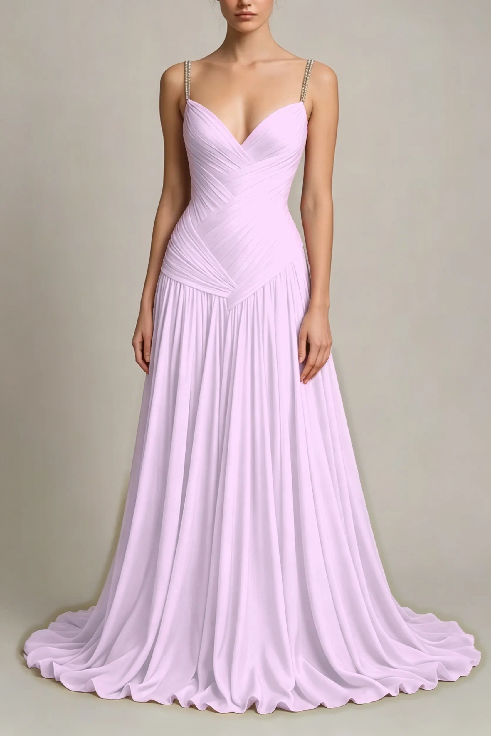 Cocoslly Spaghetti Straps Sleeveless High Waist Long Prom Dress With Pleated | Dusty Blue Chiffon LR0340